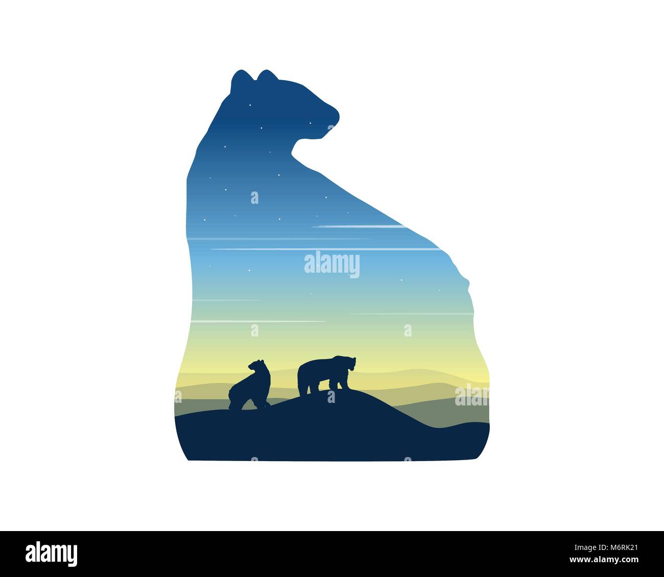 Silhouette di un orso polare al paesaggio di sunrise Illustrazione Vettoriale
