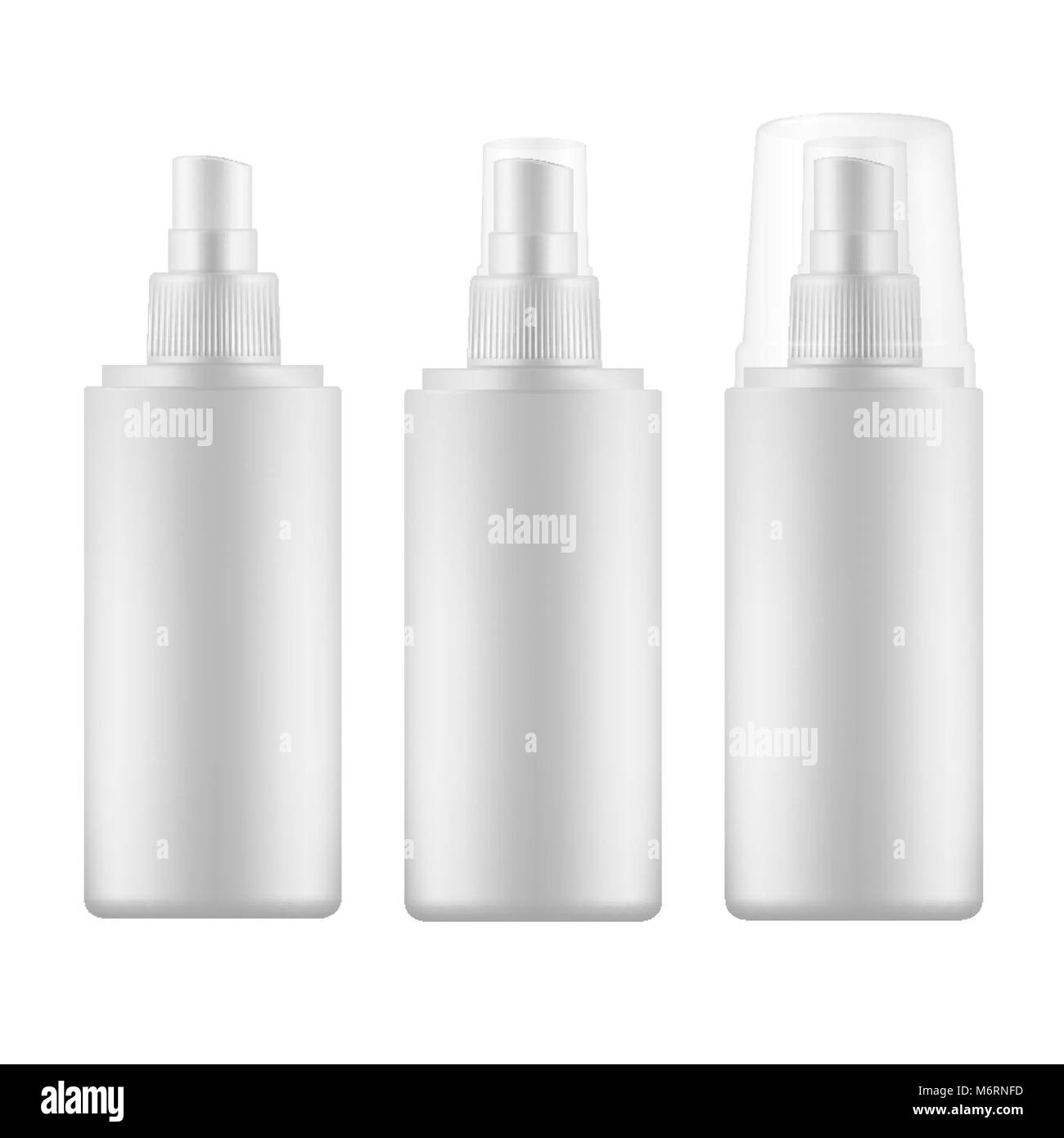 Set di vuoto bianco spray bottiglie con tappo transparen. Illustrazione Vettoriale