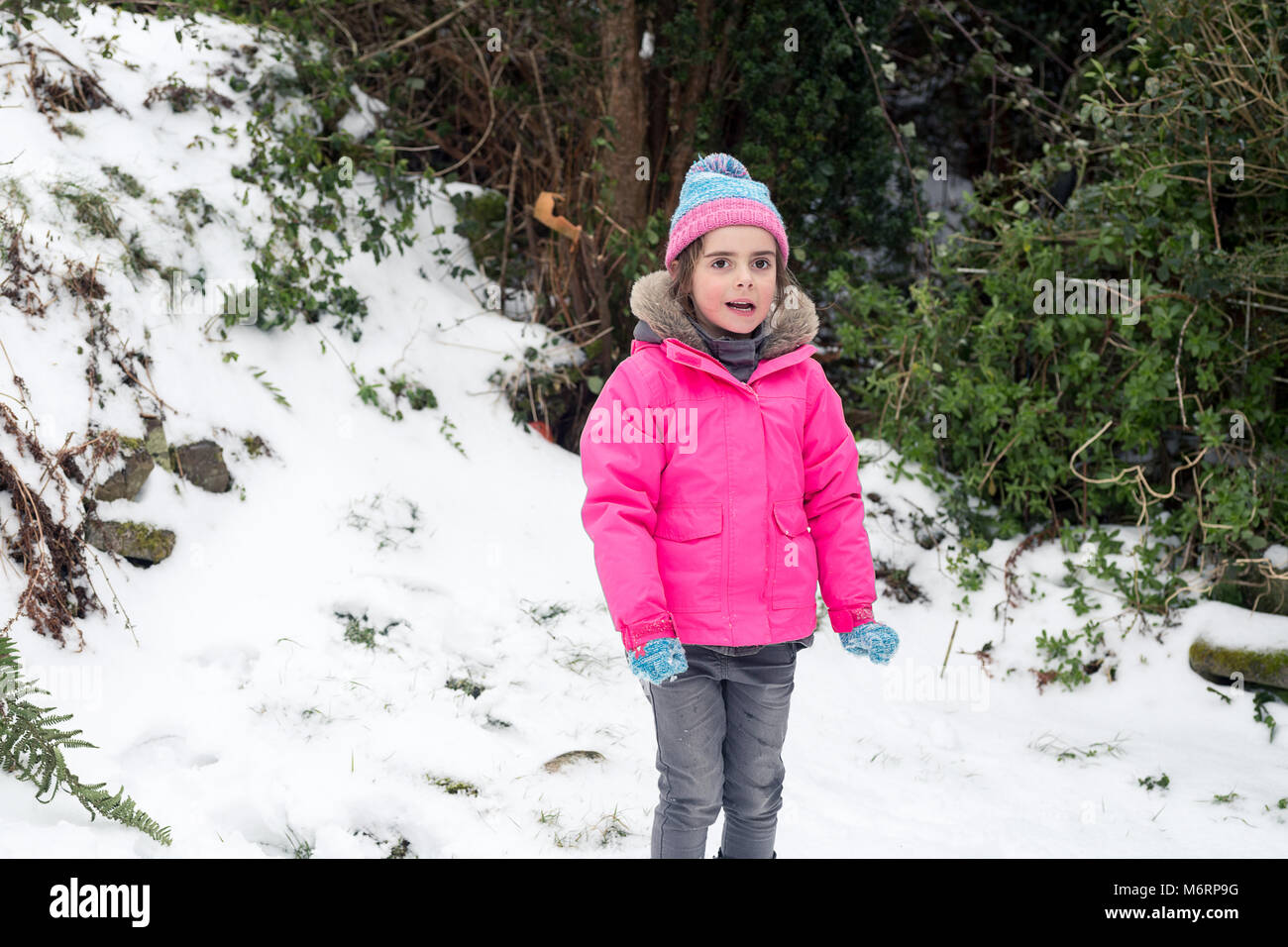 Carino bambina in piedi nella neve indossando giacca rosa e blu inverno pompom hat Foto Stock