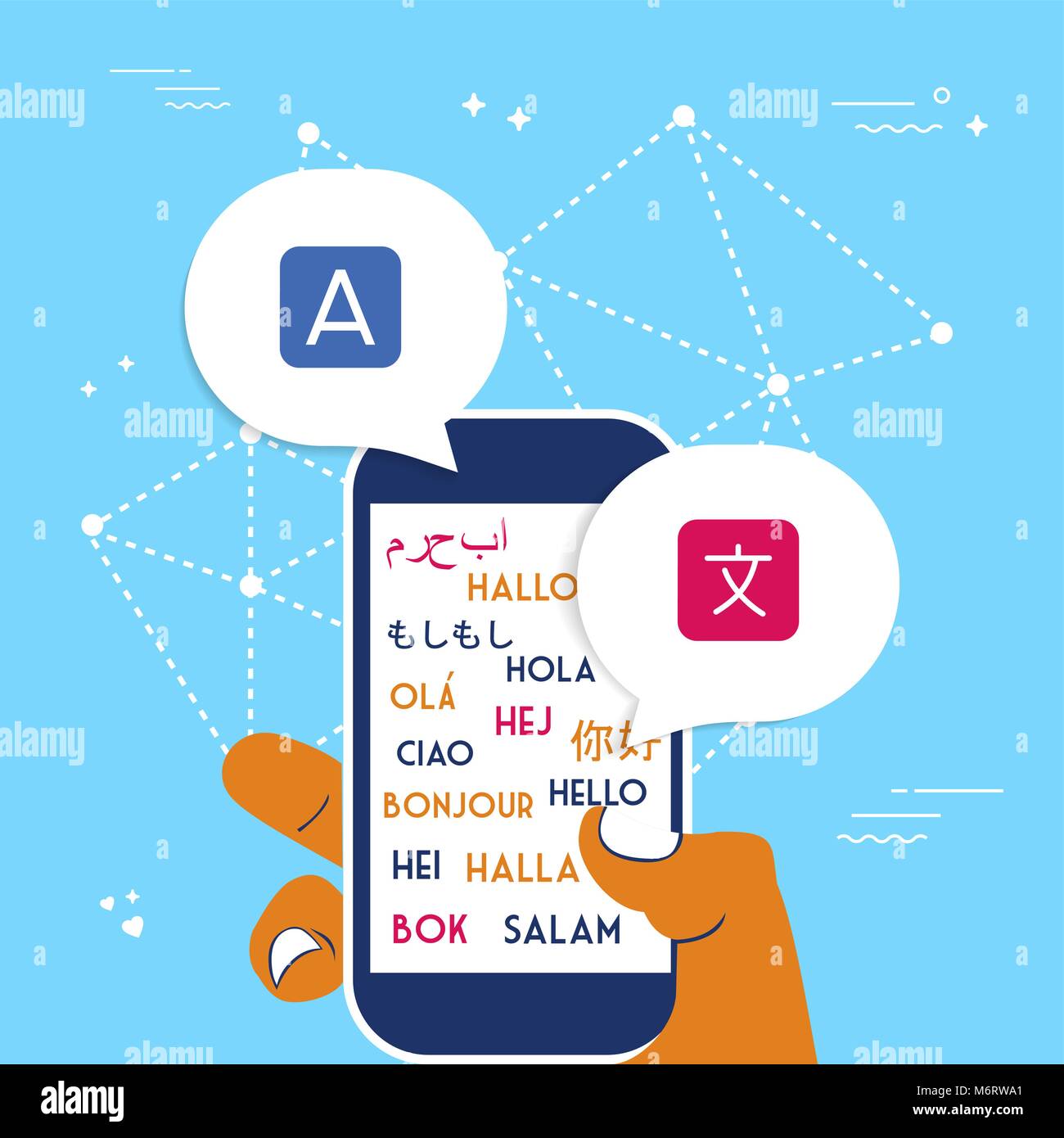 Traduzione internazionale il concetto di comunicazione illustrazione. Persona mano utilizzando il telefono per la traduzione di servizio app. EPS10 vettore. Illustrazione Vettoriale