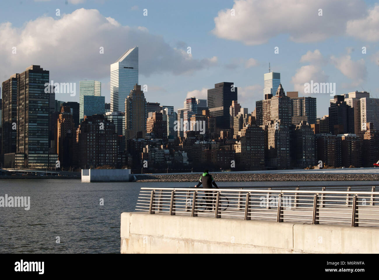 Persone che svolgono diverse attività con la skyline di New York in background Foto Stock