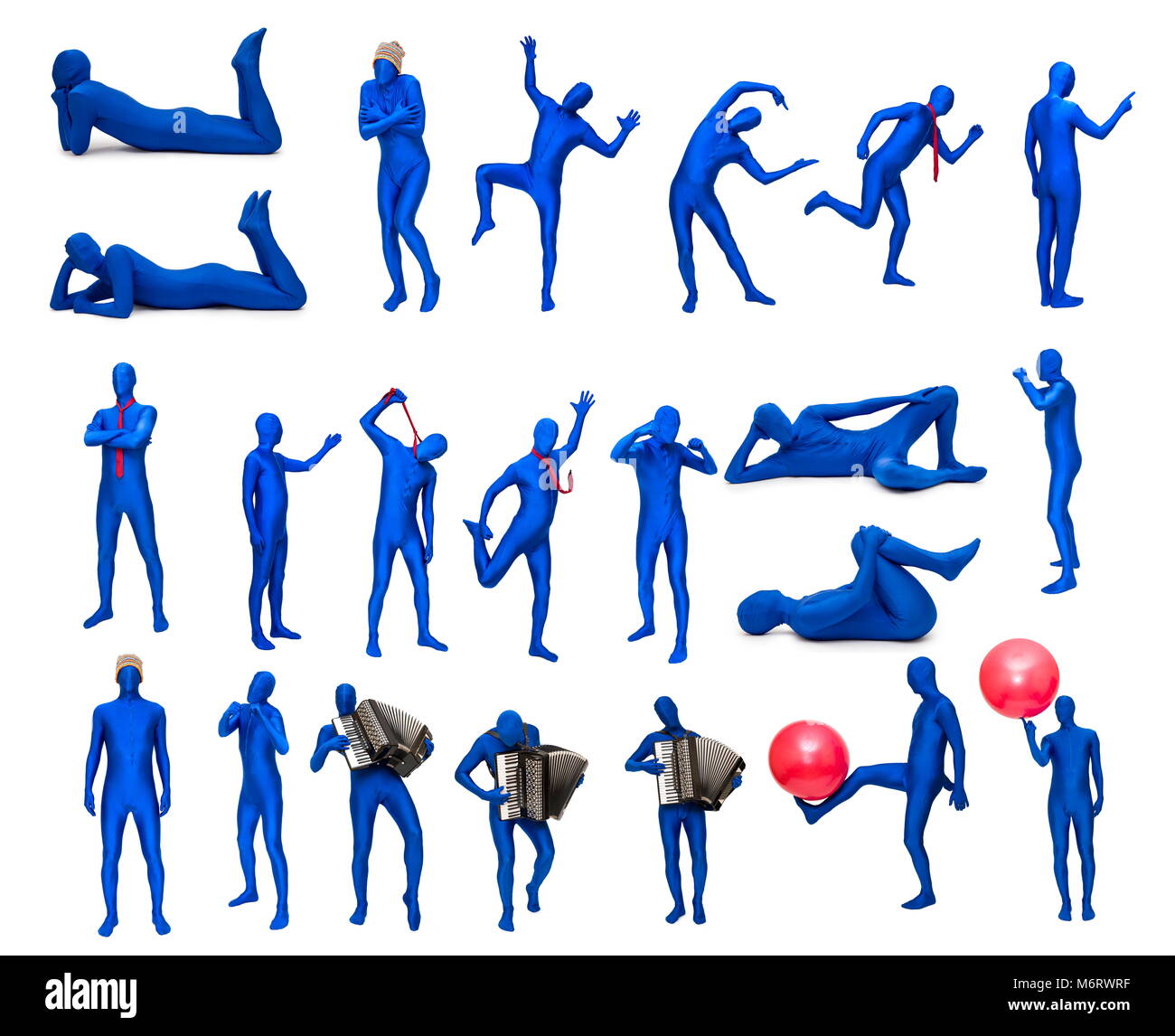 Set di uomo in costume blu in pose diverse Foto Stock