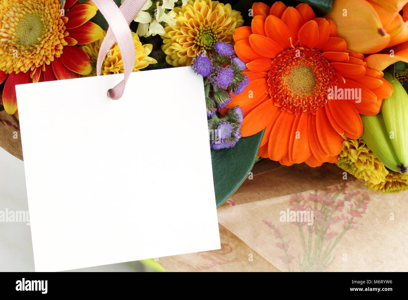 Un mazzo di fiori di close-up. Rosso, giallo, arancio e fiori lilla sono raccolti in un mazzo di fiori. Foto Stock