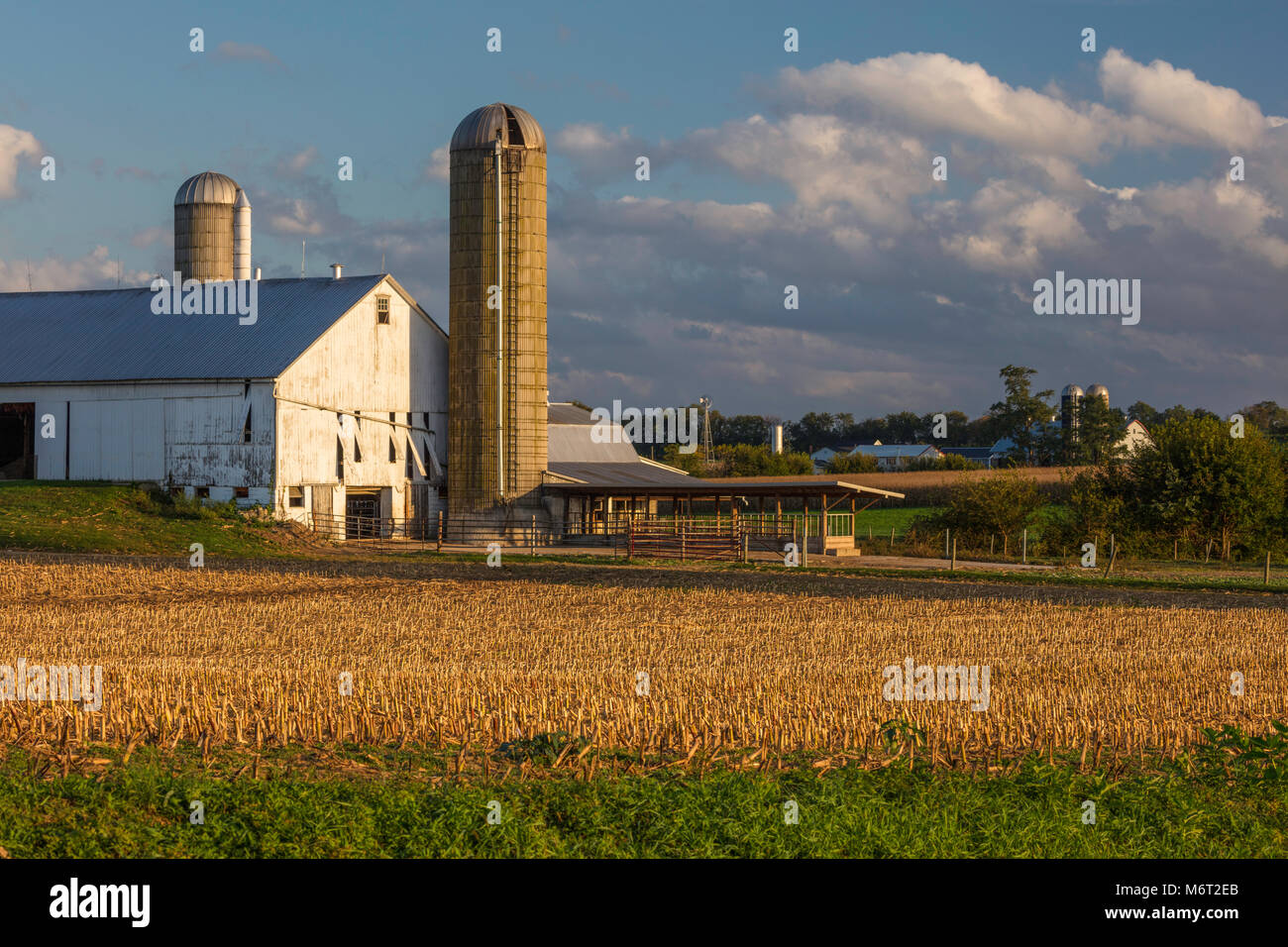 White Barn e silo, Amish country, Lancaster County, Pennsylvania Foto Stock