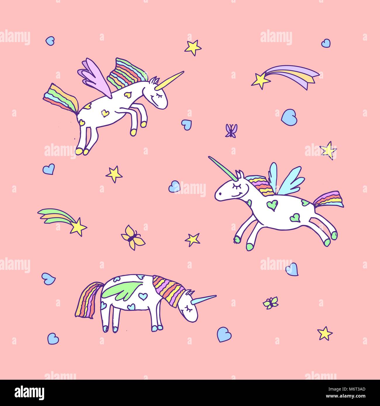 Set di vettore di Cartoon carino unicorn. Illustrazione di unicorns Illustrazione Vettoriale