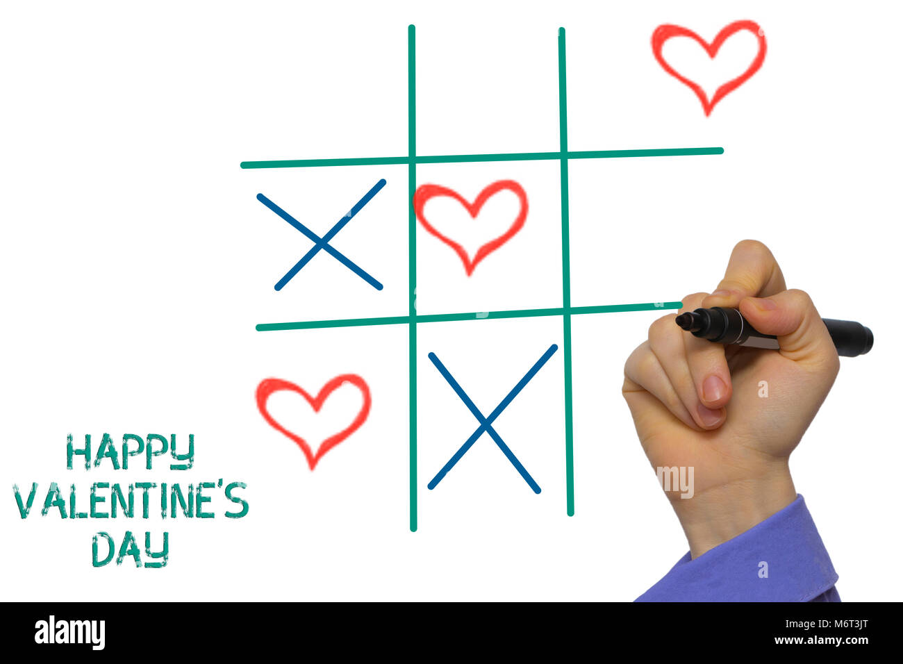 Happy Valentines Day tic-tac-toe da xoxo scritte sulla lavagna bianca Foto Stock