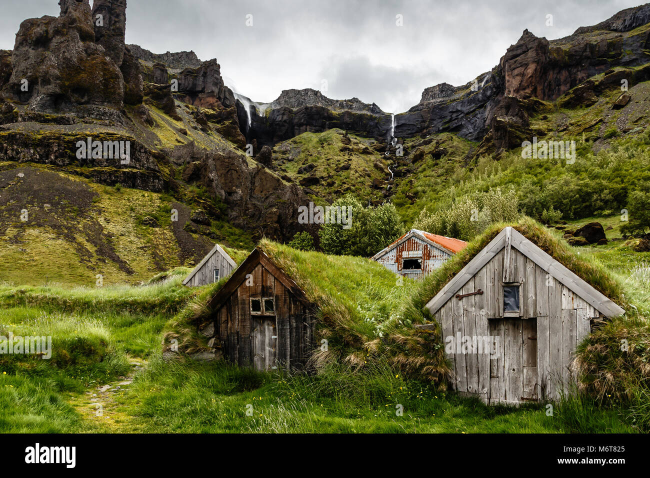 Tappeto erboso islandese case e rocce con cascata sullo sfondo vicino Kalfafell vilage, Sud dell'Islanda Foto Stock