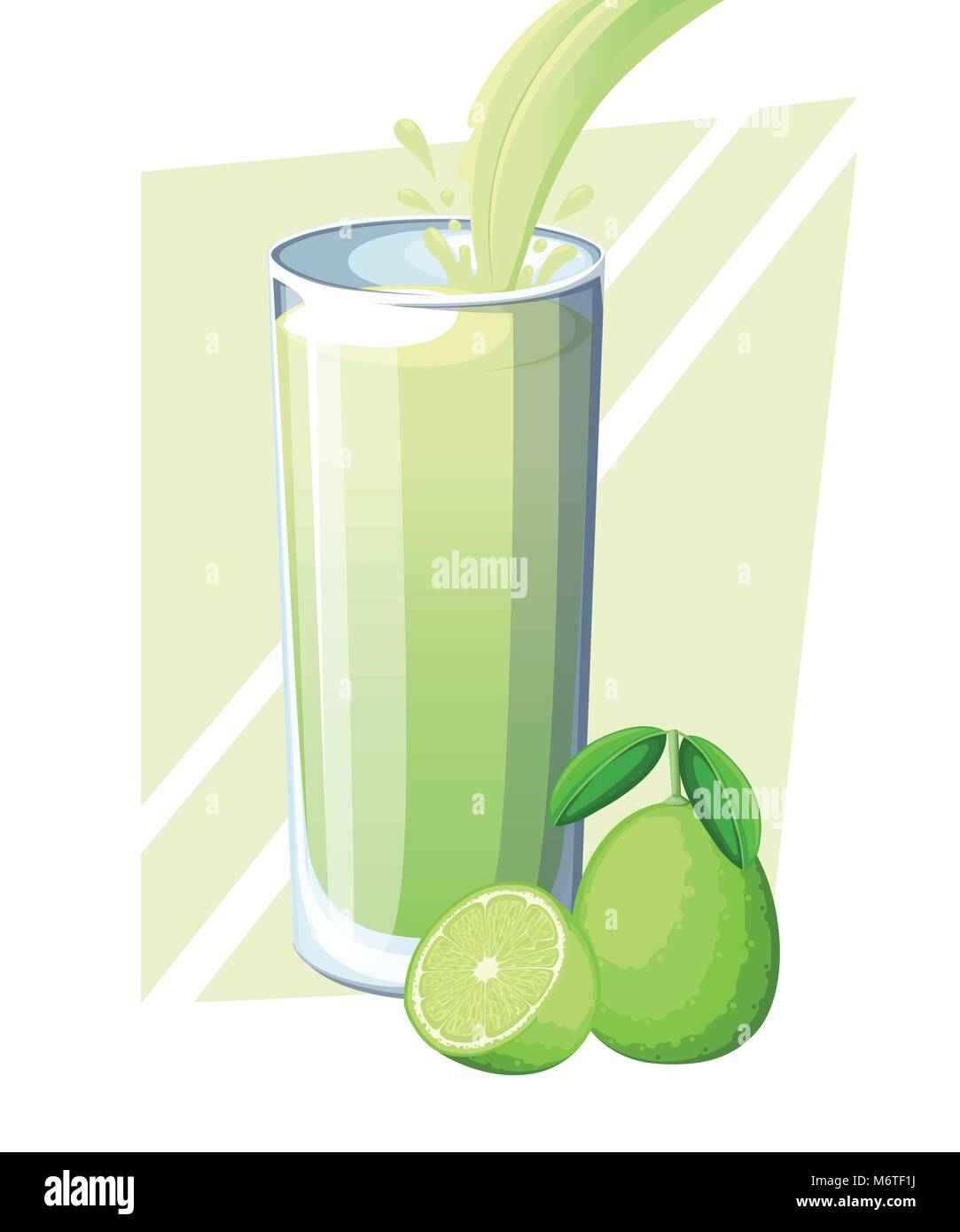Il succo di lime. Frutta fresca bibita in vetro. Frullati di lime. Il flusso di succo e spruzzi di bicchiere pieno. Illustrazione di vettore isolato su sfondo bianco. Sit web Illustrazione Vettoriale