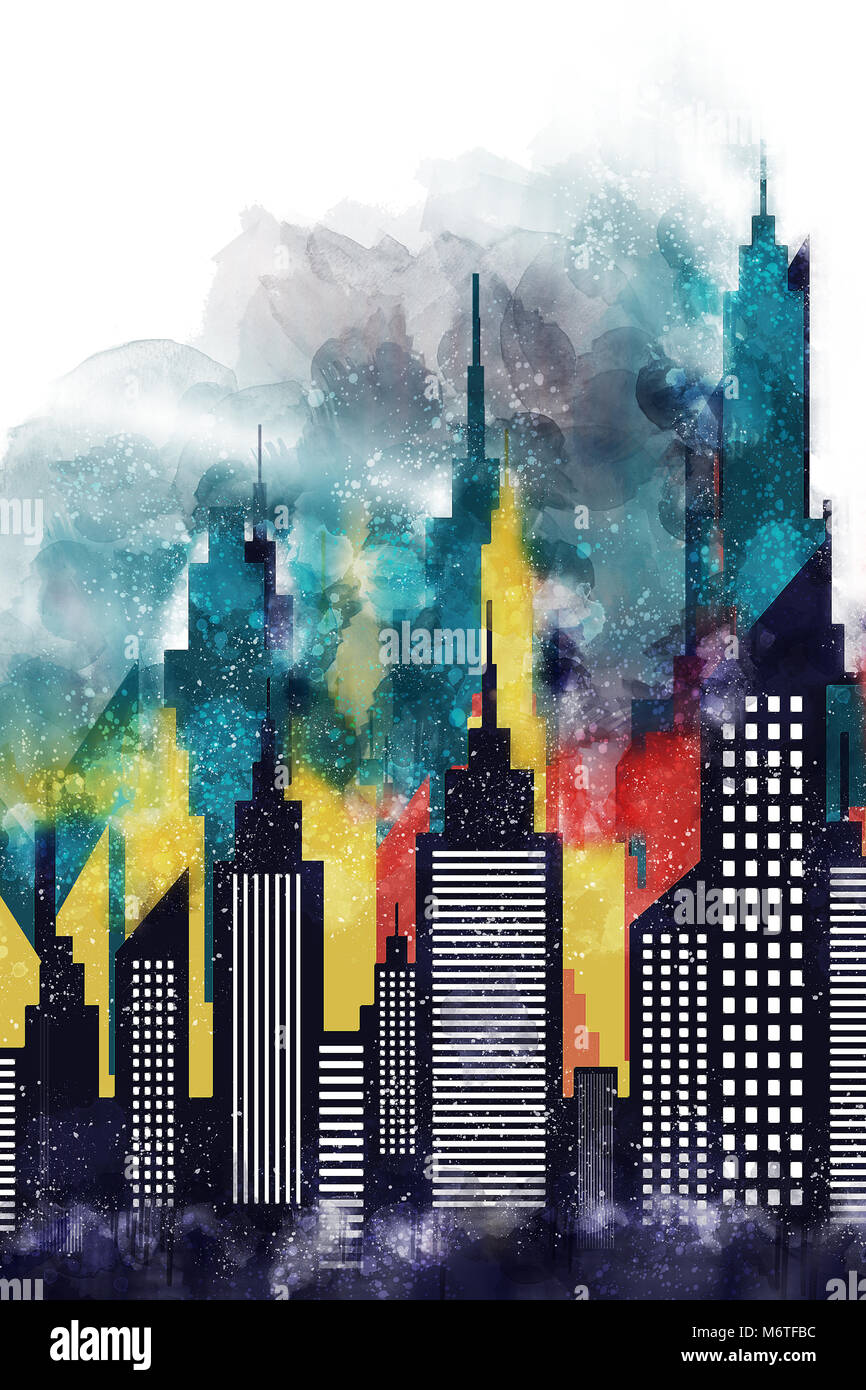 Città americana di edifici e grattacieli illustrazione ad acquerello Foto Stock