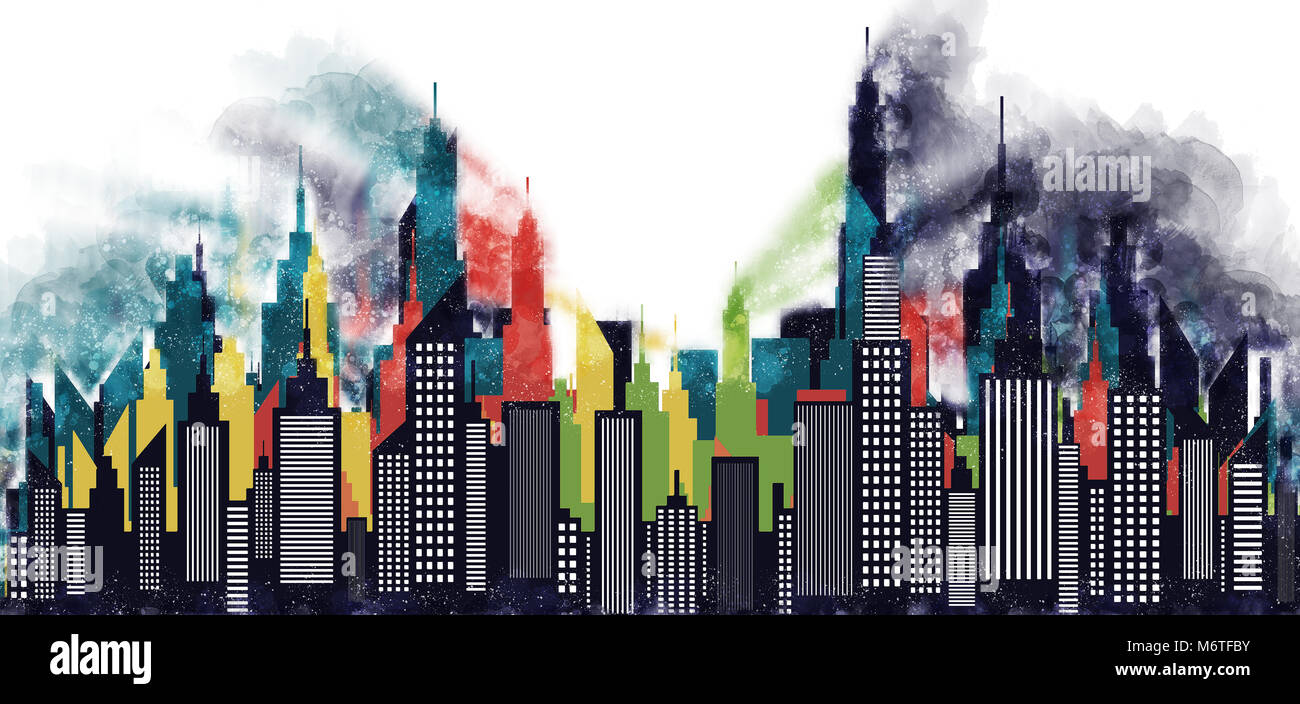 Città americana di edifici e grattacieli illustrazione ad acquerello Foto Stock
