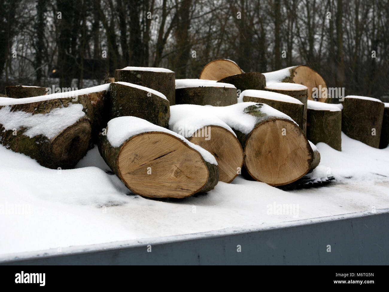 Blocchi di ceneri per legna da ardere su un narrowboat in inverno, Grand Union Canal, Warwick, Regno Unito Foto Stock