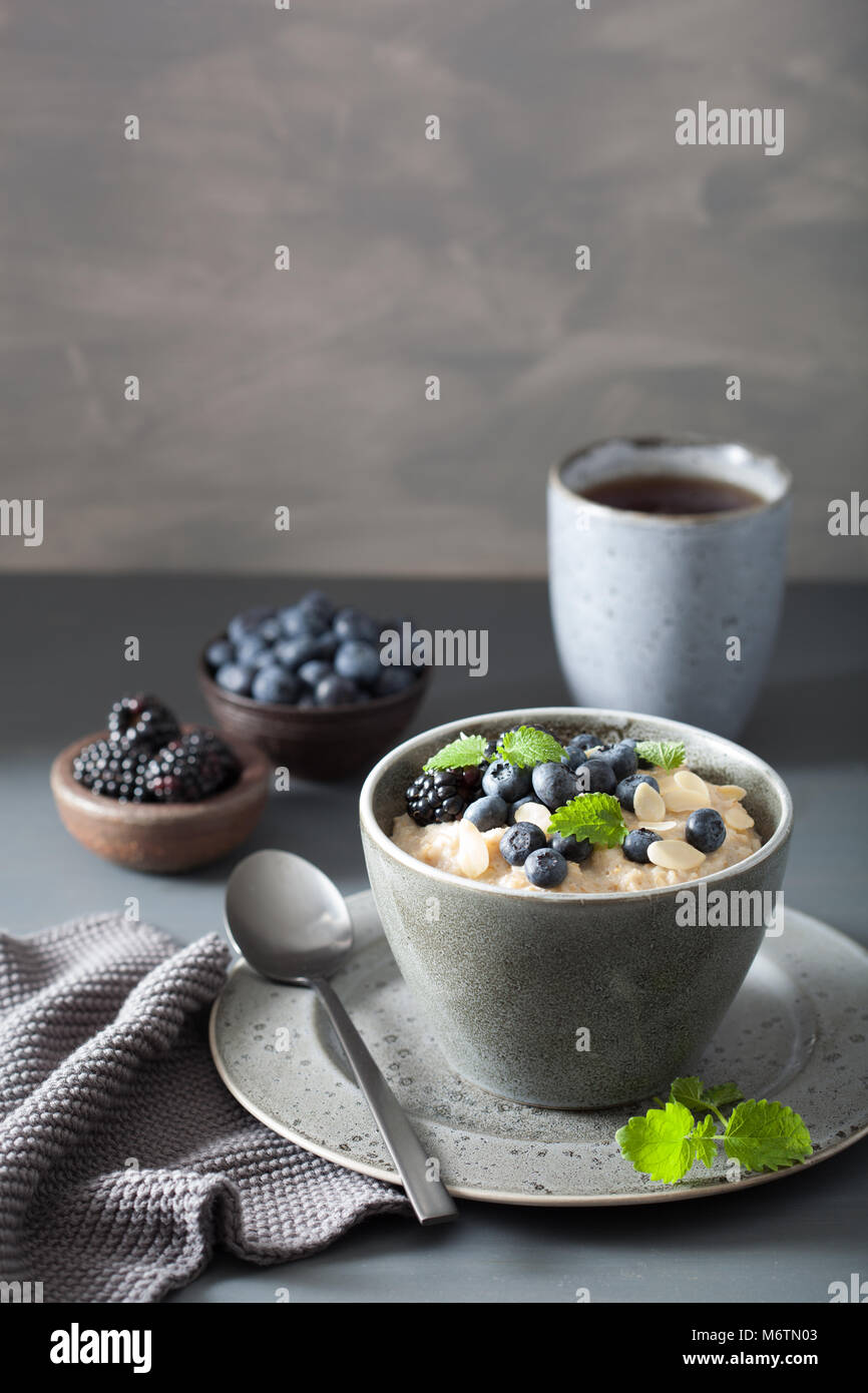 Sana colazione acciaio tagliati i fiocchi d'avena porridge con mirtillo blackberry Foto Stock