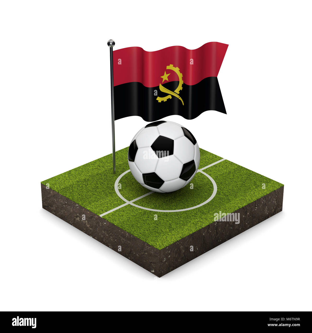 Angola bandiera concetto di calcio. Bandiera, sfera e calcio icona isometrica. Il rendering 3D Foto Stock