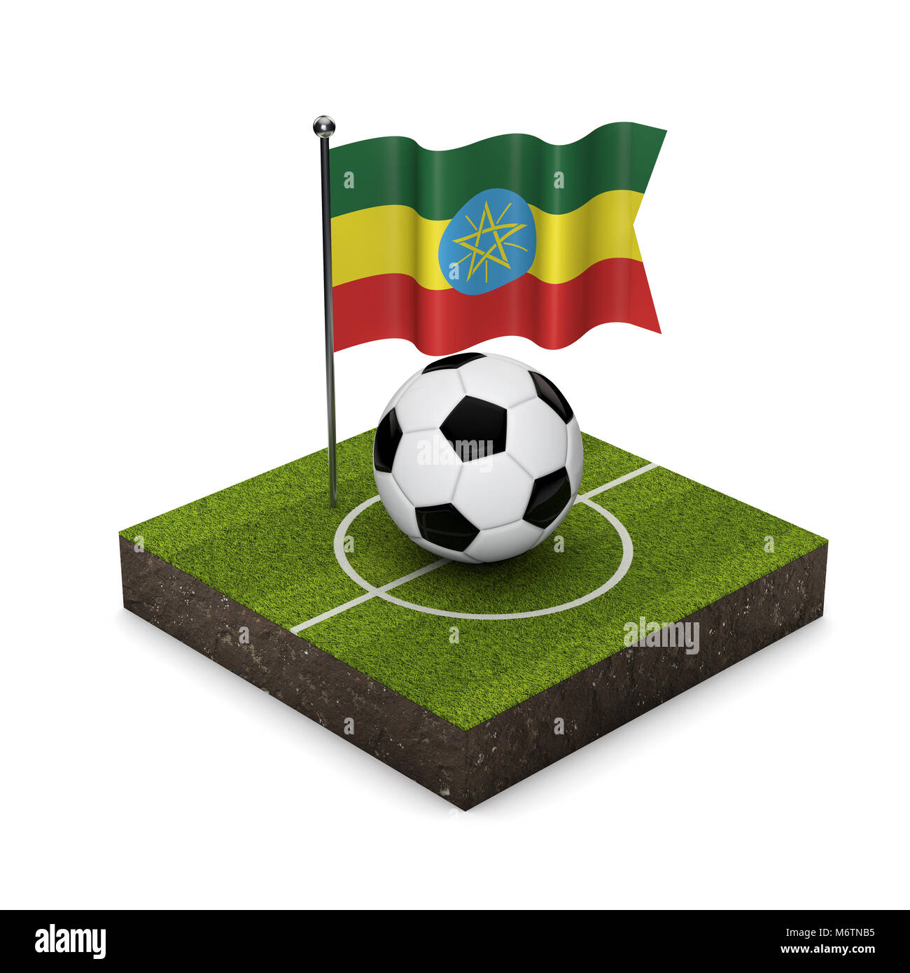 Etiopia bandiera concetto di calcio. Bandiera, sfera e calcio icona isometrica. Il rendering 3D Foto Stock