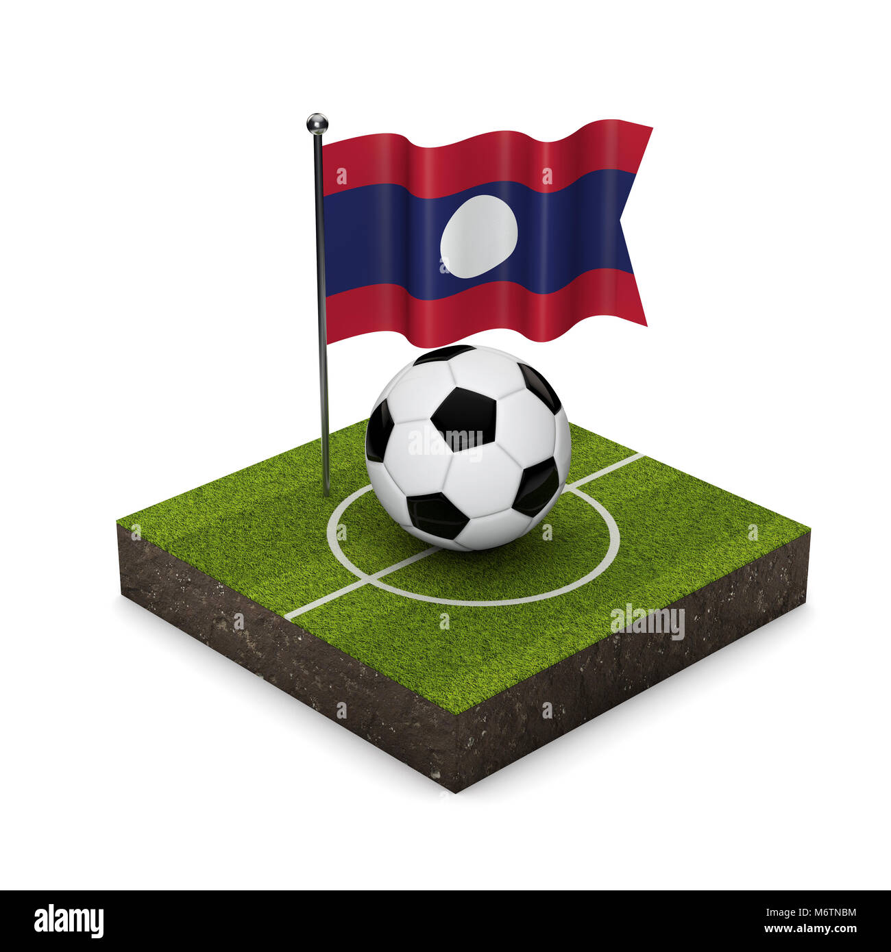 Laos bandiera concetto di calcio. Bandiera, sfera e calcio icona isometrica. Il rendering 3D Foto Stock