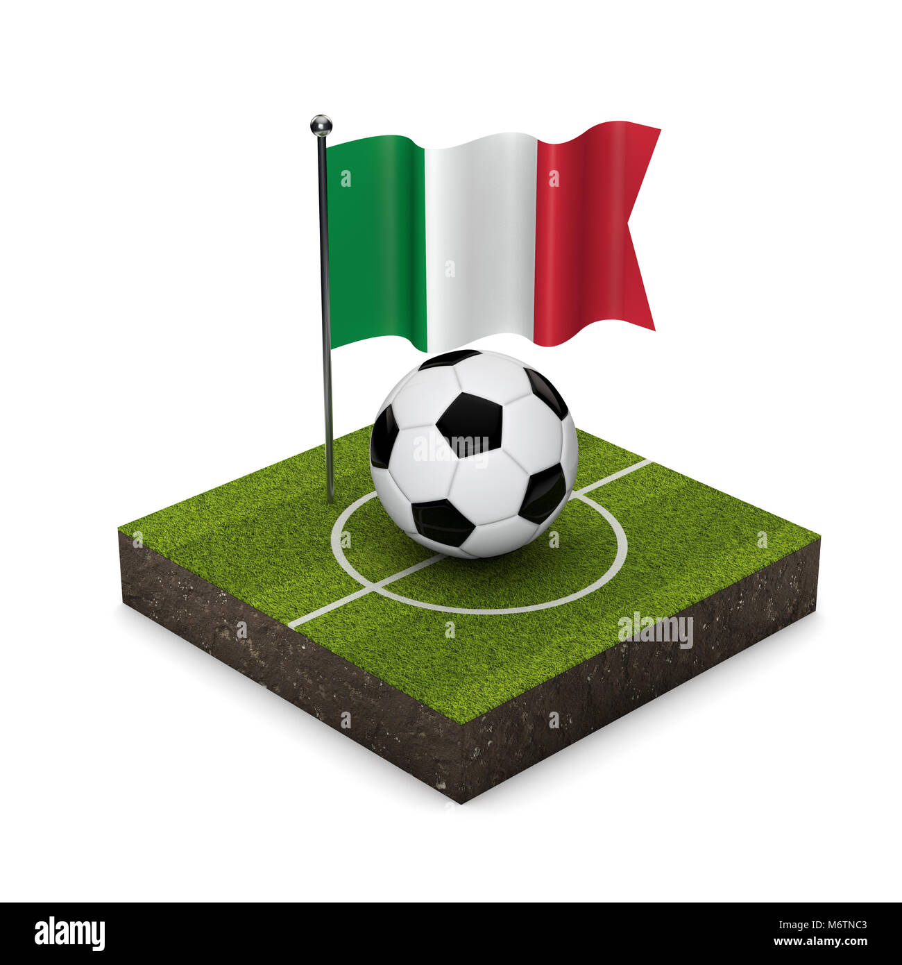 Bandiera dell'Italia il concetto di calcio. Bandiera, sfera e calcio icona isometrica. Il rendering 3D Foto Stock