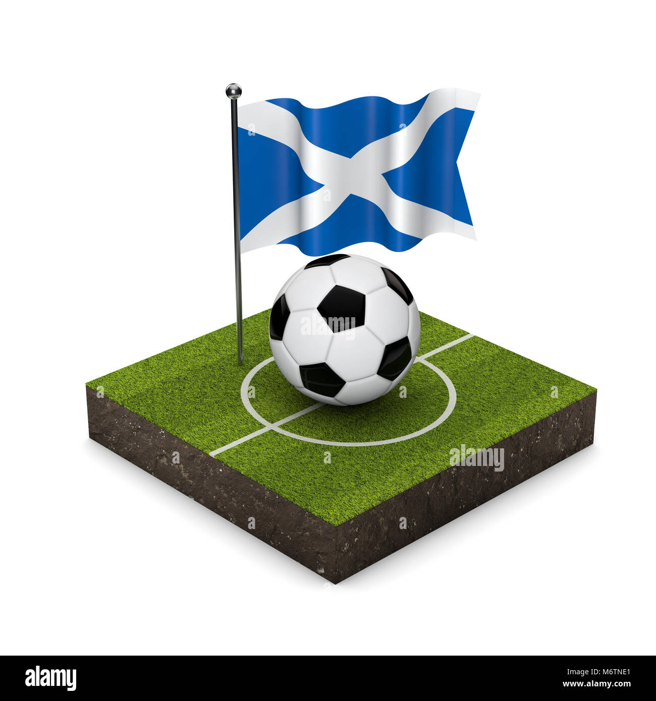 Scozia bandiera concetto di calcio. Bandiera, sfera e calcio icona isometrica. Il rendering 3D Foto Stock