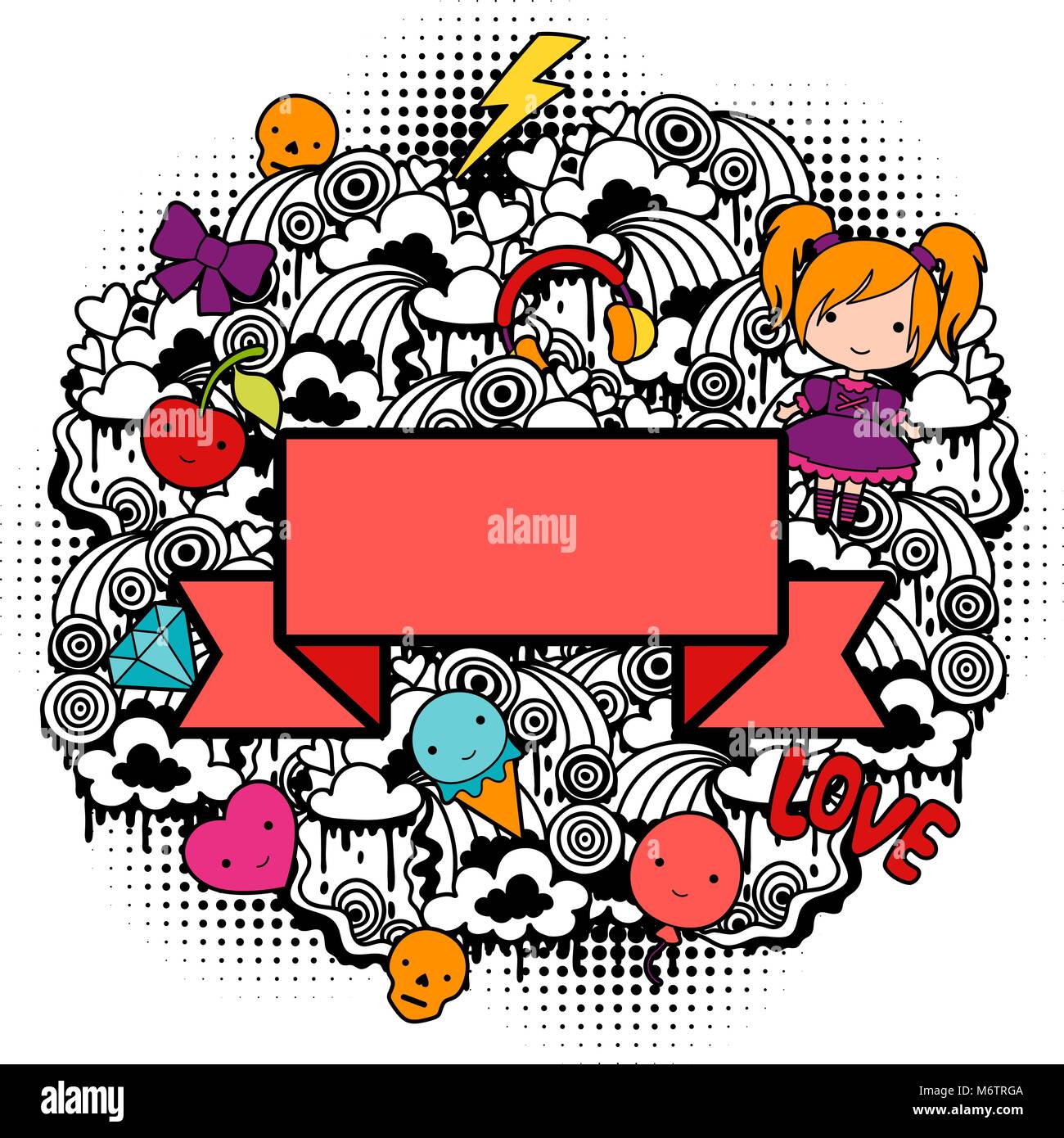 Abstract sfondo con cute kawaii scarabocchi Illustrazione Vettoriale