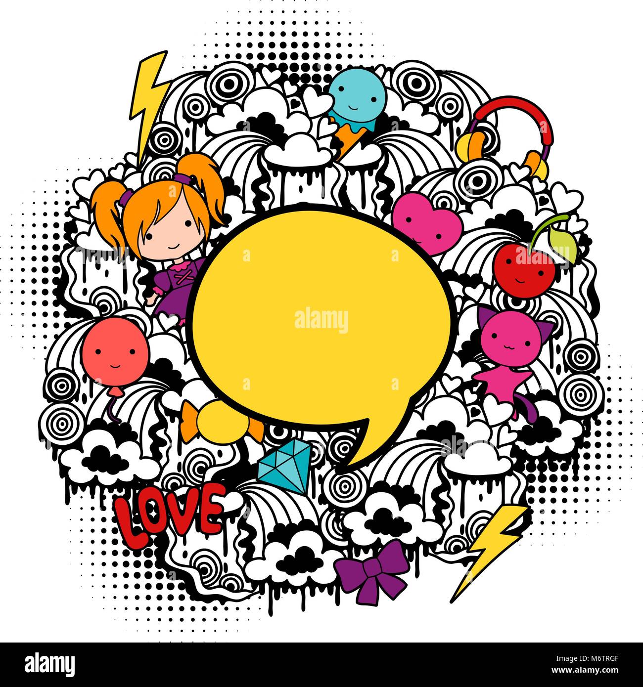 Abstract sfondo con cute kawaii scarabocchi Illustrazione Vettoriale