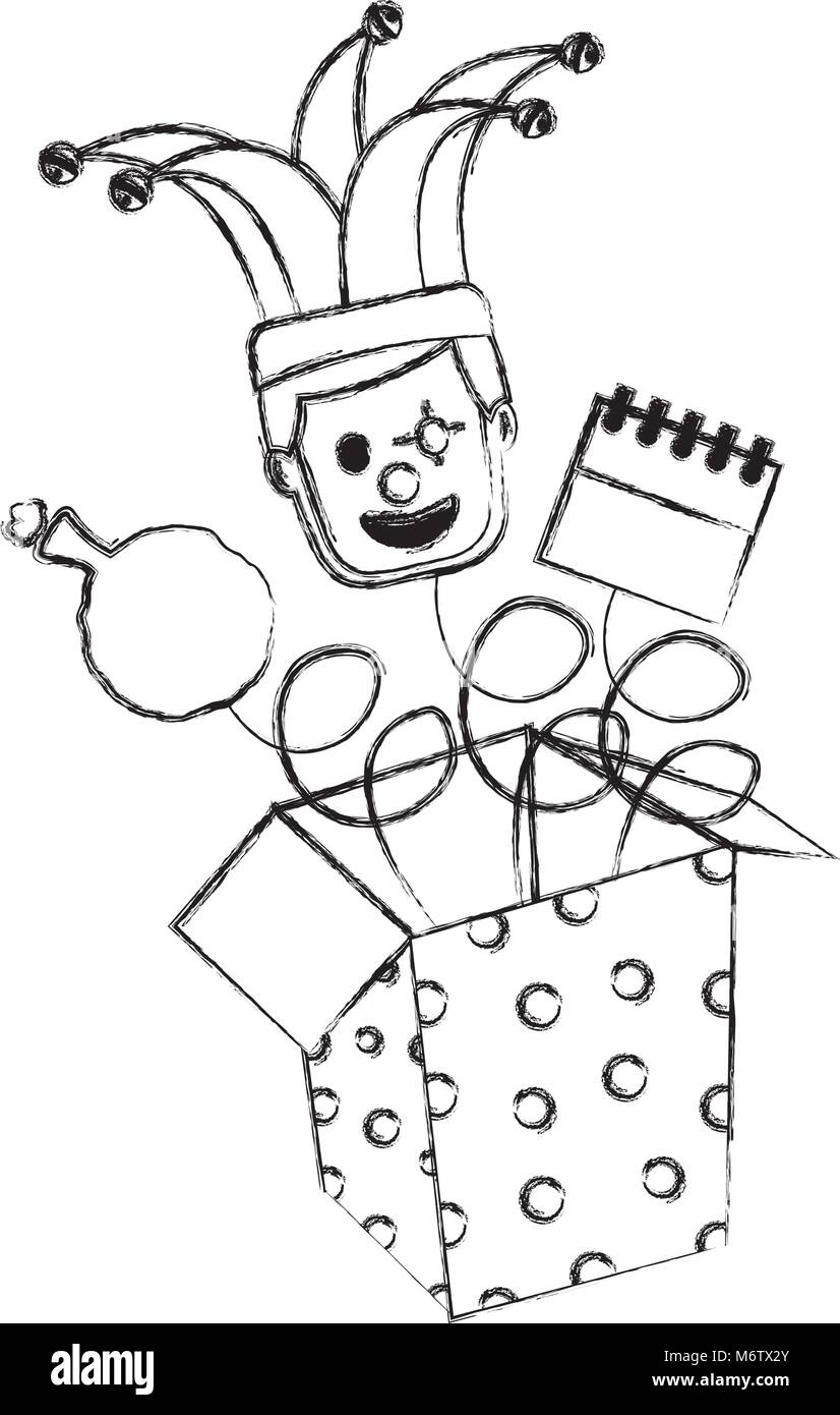 Fools Day Jack in the box con maschera clown calendario e cuscino illustrazione vettoriale disegno di immagine Illustrazione Vettoriale