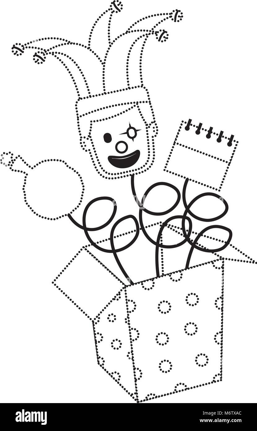 Fools Day Jack in the box con maschera clown calendario e cuscino illustrazione vettore di tratteggio immagine Illustrazione Vettoriale
