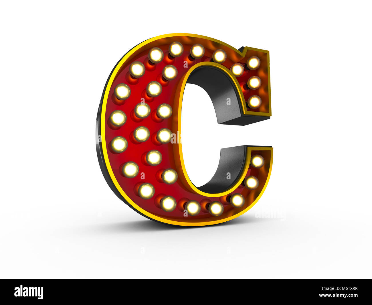 Alta qualità 3D illustrazione della lettera C in stile Broadway con lampadine è illuminante su sfondo bianco Foto Stock
