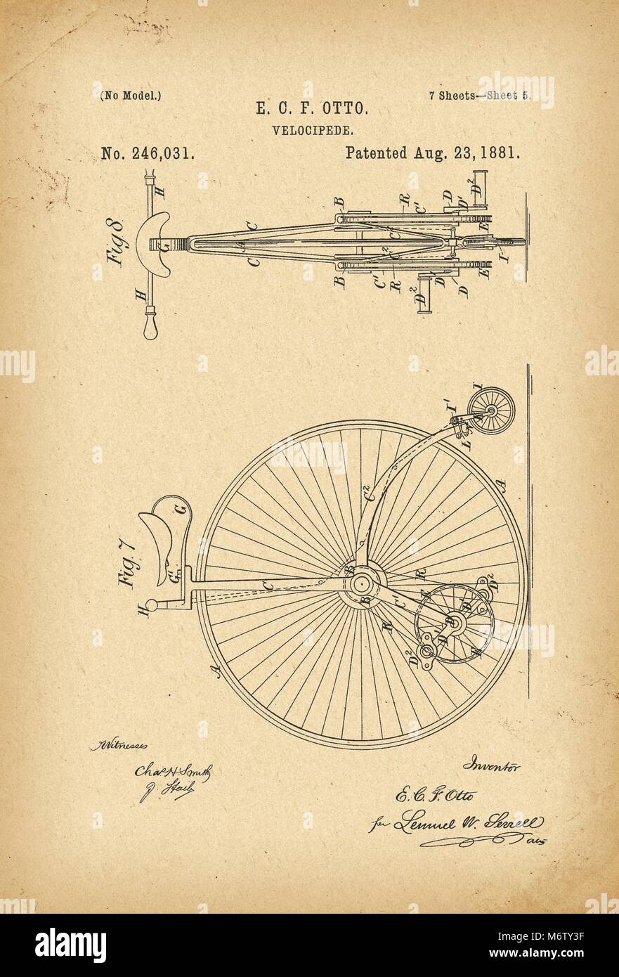 1881 Brevetto bicicletta Velocipede storia innovazione Foto Stock