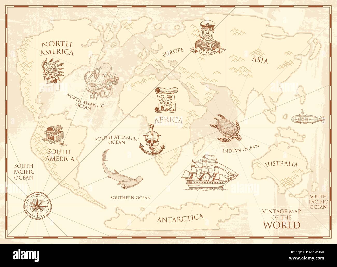 Vintage mappa del mondo con la bussola e le montagne. Creature del mare nell'oceano. Tesoro di età. capitano di marina e ancoraggio, nautico pirati. vecchio parchm rétro Illustrazione Vettoriale