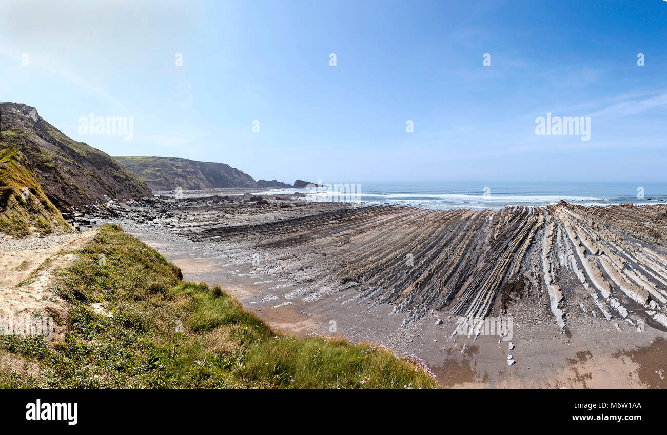 Welcombe bocca è una zona molto appartata e tranquilla spiaggia appena oltre il confine in Devon. Questo hidden gems è parte di un sito di particolare interesse scientifico e Foto Stock
