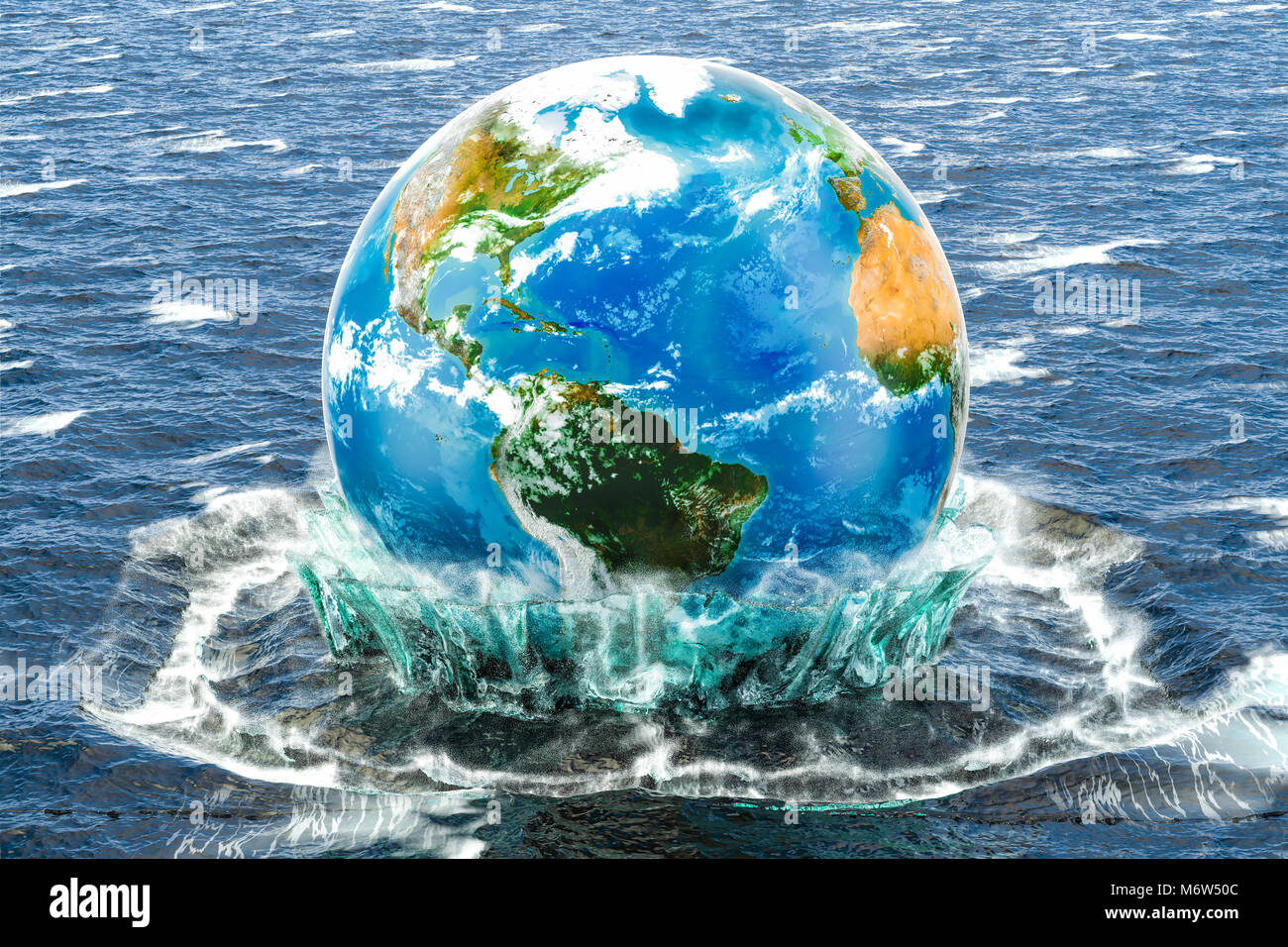 Globo terrestre nell'acqua. Salvare il mondo concetto, rendering 3D Foto Stock