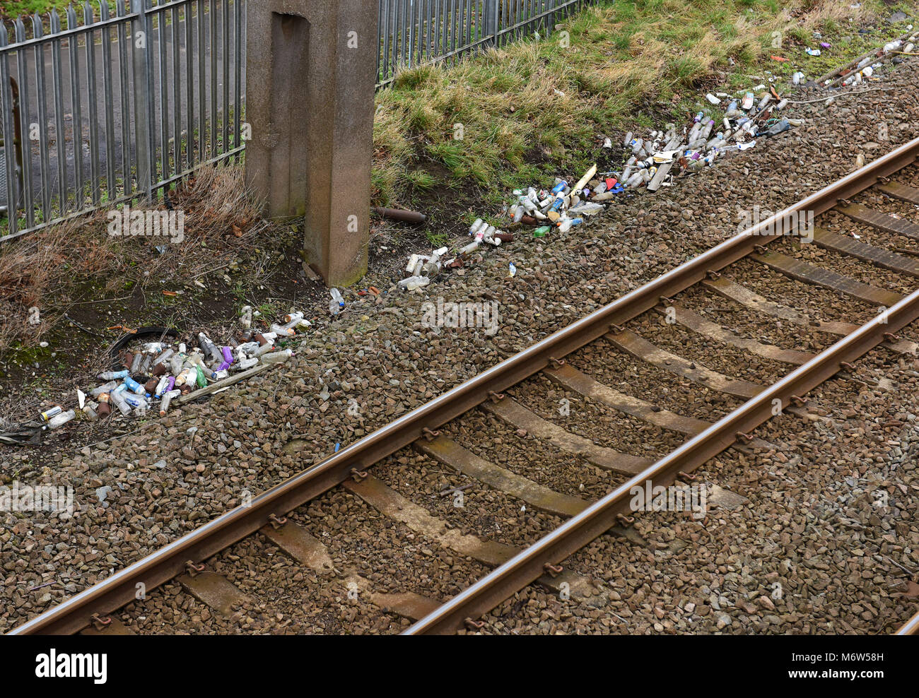 Binario ferroviario disseminato di bottiglie di plastica e lattine per bevande gettato da treni passeggeri da Inghilterra, Regno Unito 2018 Foto Stock