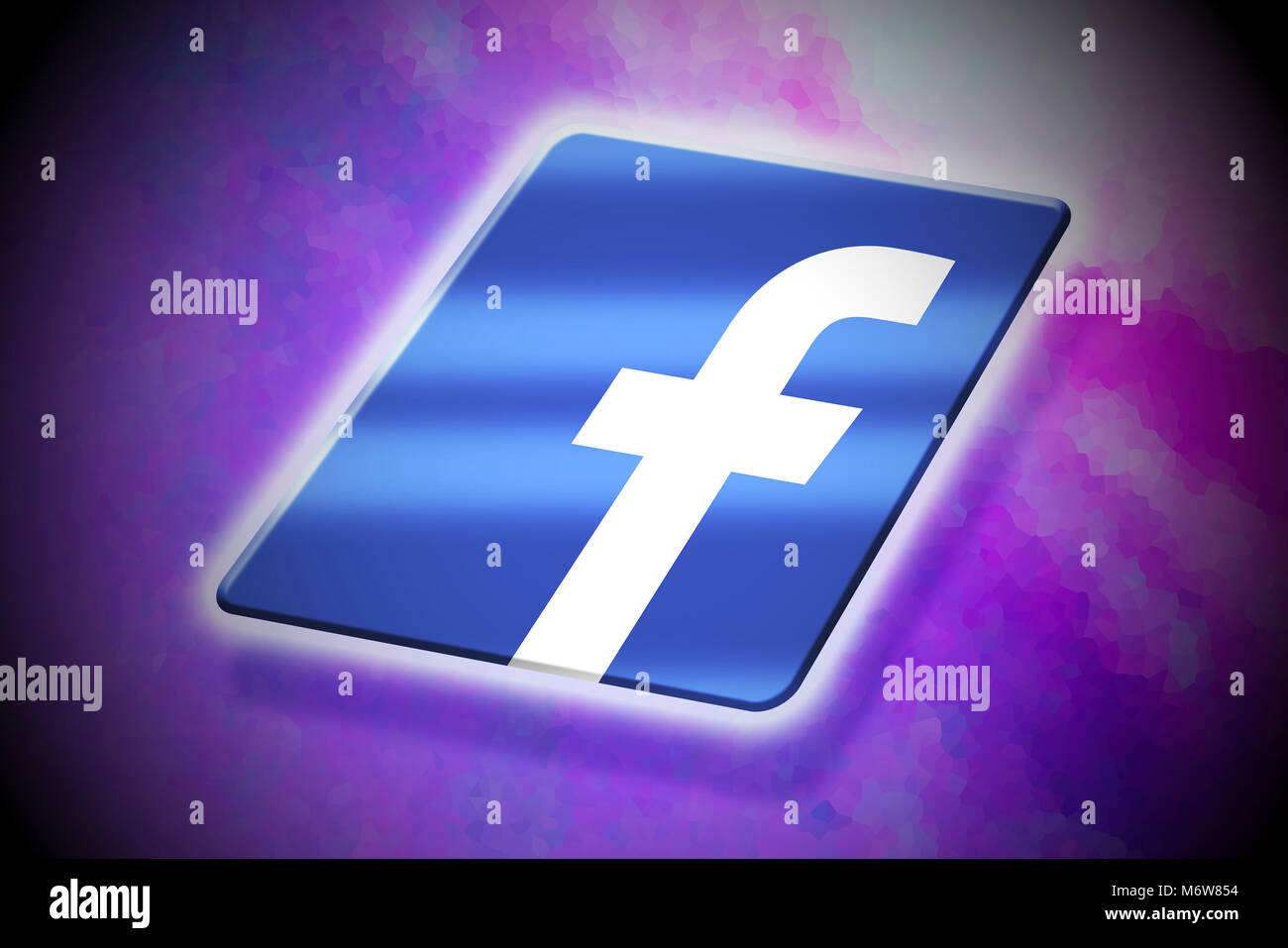 Luminosa, colorata, floating icona di Facebook su un vivace sfondo digitale Foto Stock