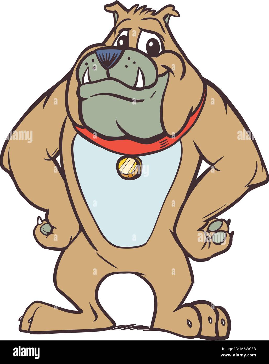 Vector cartoon clip art illustrazione di un forte ma cordiale bulldog antropomorfo mascotte con un collare rosso e le mani sui suoi fianchi. Illustrazione Vettoriale
