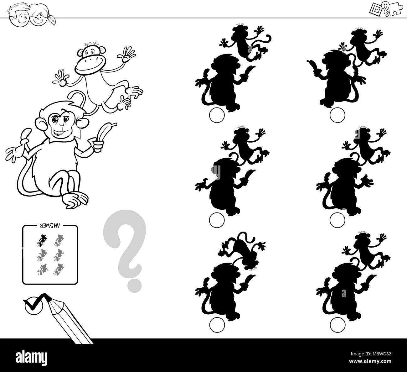 Bianco e Nero Cartoon illustrazione di trovare l'ombra senza differenze di attività educative per i bambini con le scimmie di caratteri animale Colori Illustrazione Vettoriale