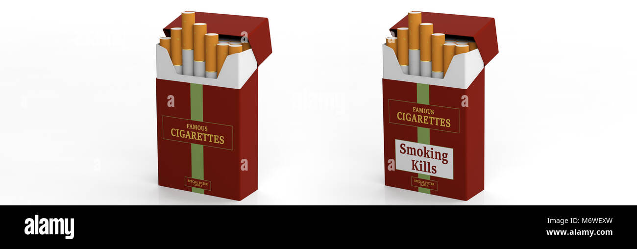Nome della marca red pacchetti di sigarette isolato su sfondo bianco. Il fumo uccide etichetta. 3d illustrazione Foto Stock