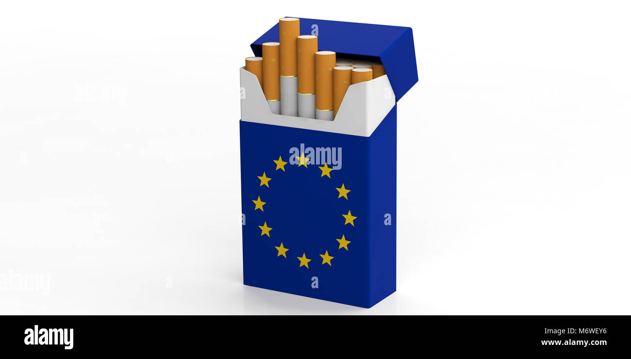 Fumare le sigarette in UE. Bandiera dell'Unione europea su un pacchetto di sigarette isolato su sfondo bianco. 3d illustrazione Foto Stock