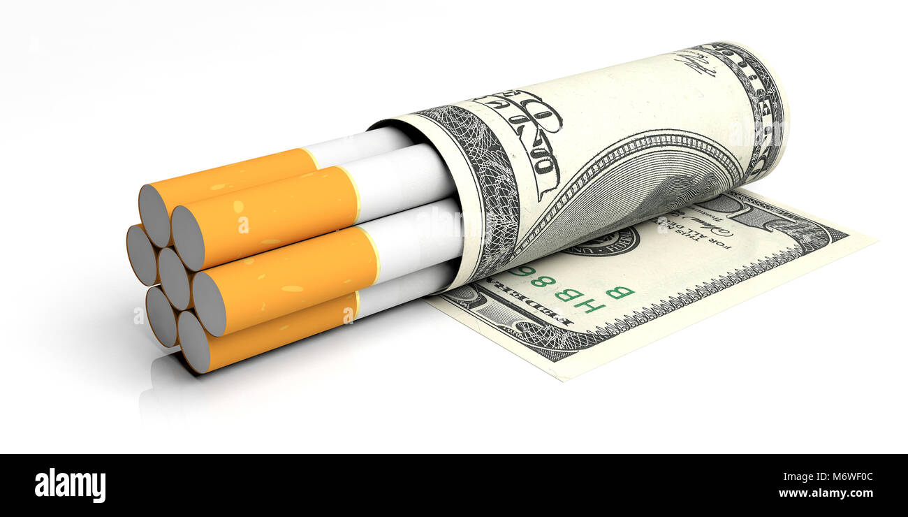 Il fumo e il costo del denaro. Sigarette avvolto in centinaia di dollari banconote isolati su sfondo bianco. 3d illustrazione Foto Stock