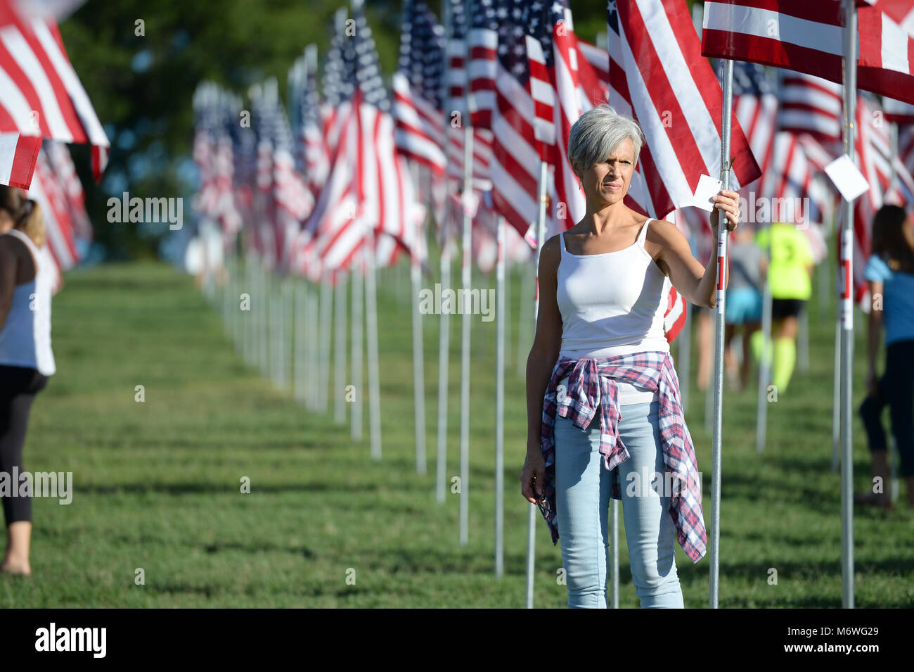 Saint Louis, MO - 11 Settembre 2016: più di 7 mila bandiere con nome, foto e dog tag del soldato ucciso per difendere gli Stati Uniti al di fuori onda th Foto Stock
