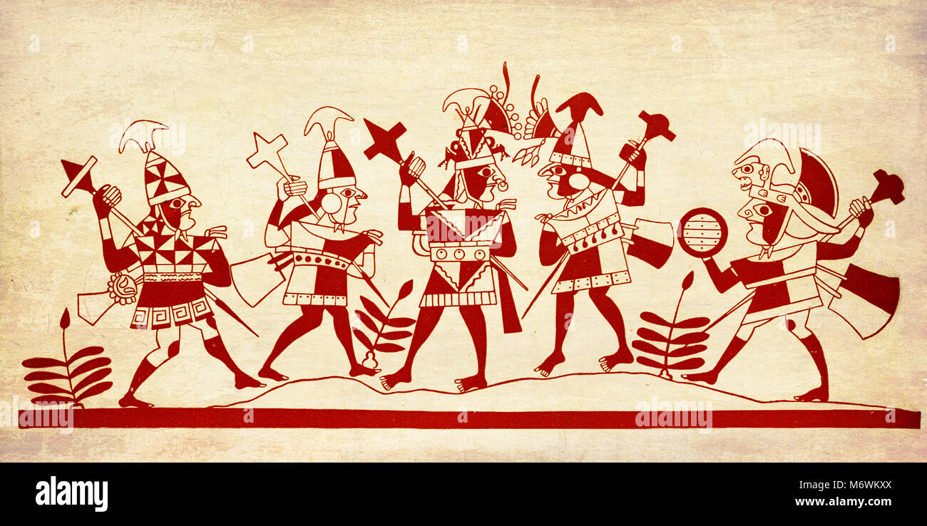 Arte Inca: Perù, Impero Inca, XIII - XVI secolo, scene di battaglia, illustrazione vintage Foto Stock