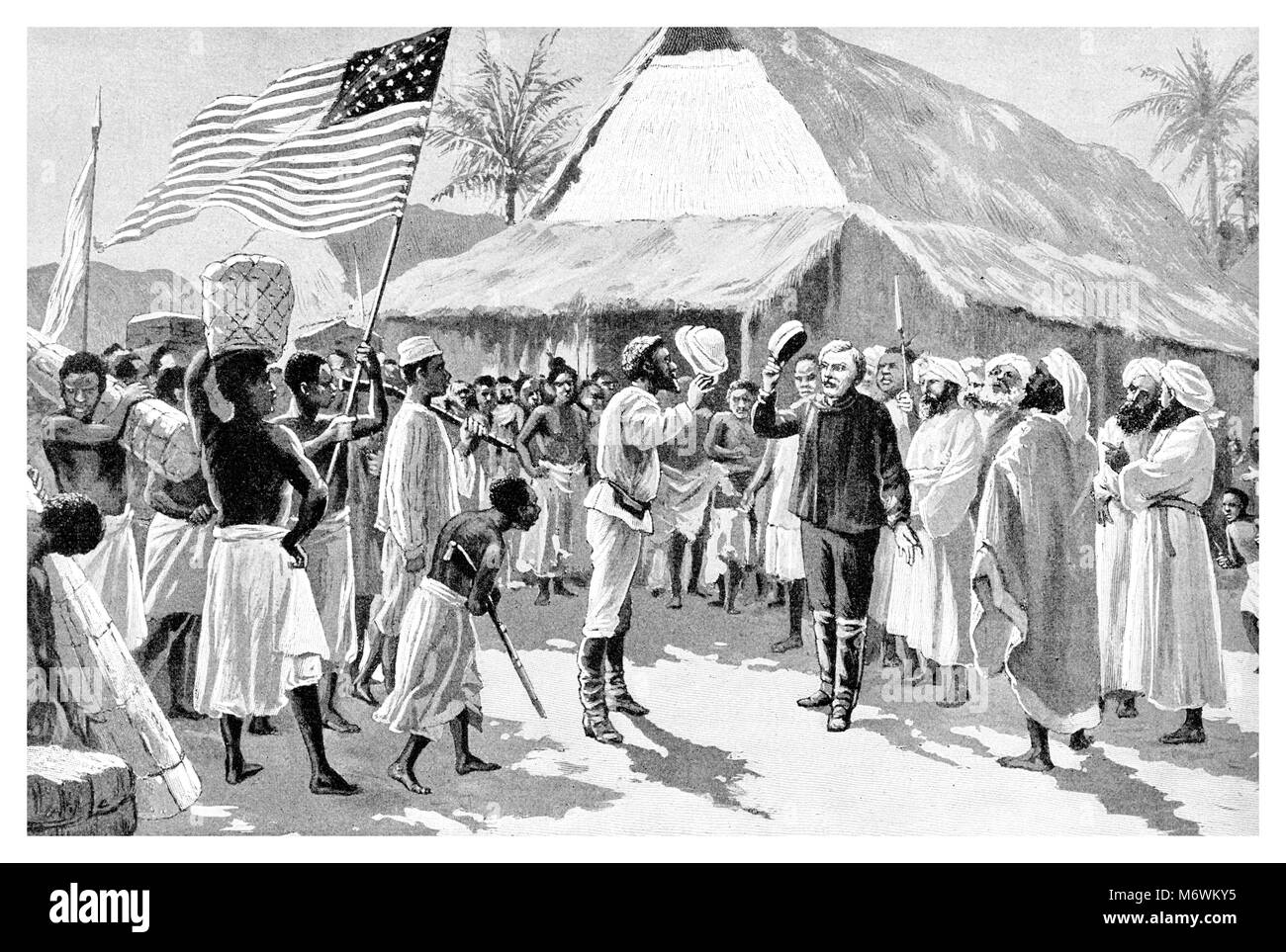 Il dottor Livingstone, immagino? - Famoso incontro di dr. Livingstone con Henry Morton Stanley American jounalist e explorer xviii del novembre 1871, vicino al lago Tanganika in Africa, incisione vintage Foto Stock