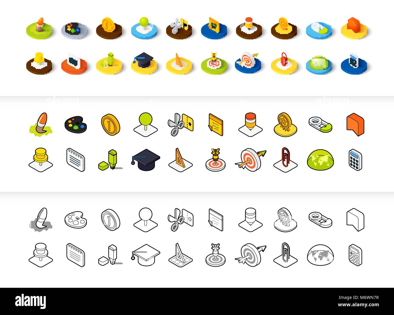 Set di icone in stile differente - isometrica e piatto otline, colorate e le versioni di colore nero Illustrazione Vettoriale