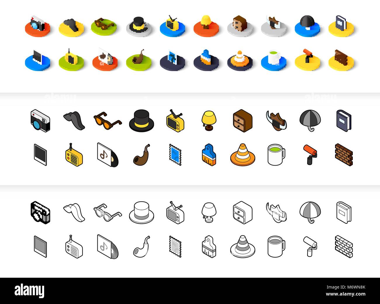 Set di icone in stile differente - isometrica e piatto otline, colorate e le versioni di colore nero Illustrazione Vettoriale