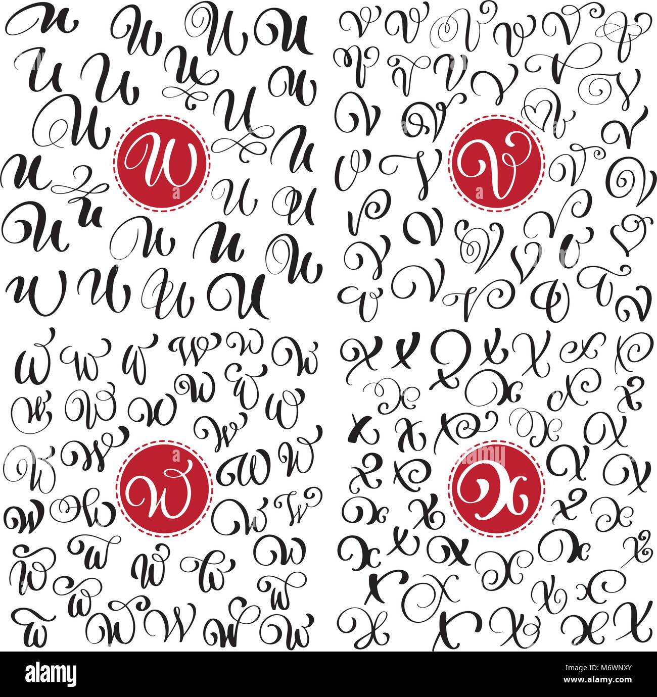 Disegnato a mano la calligrafia vettore lettera U, V, W, X font Script. Isolato di lettere scritte con inchiostro. Manoscritte stile Brush. Scritte a mano per i loghi packaging design poster Illustrazione Vettoriale