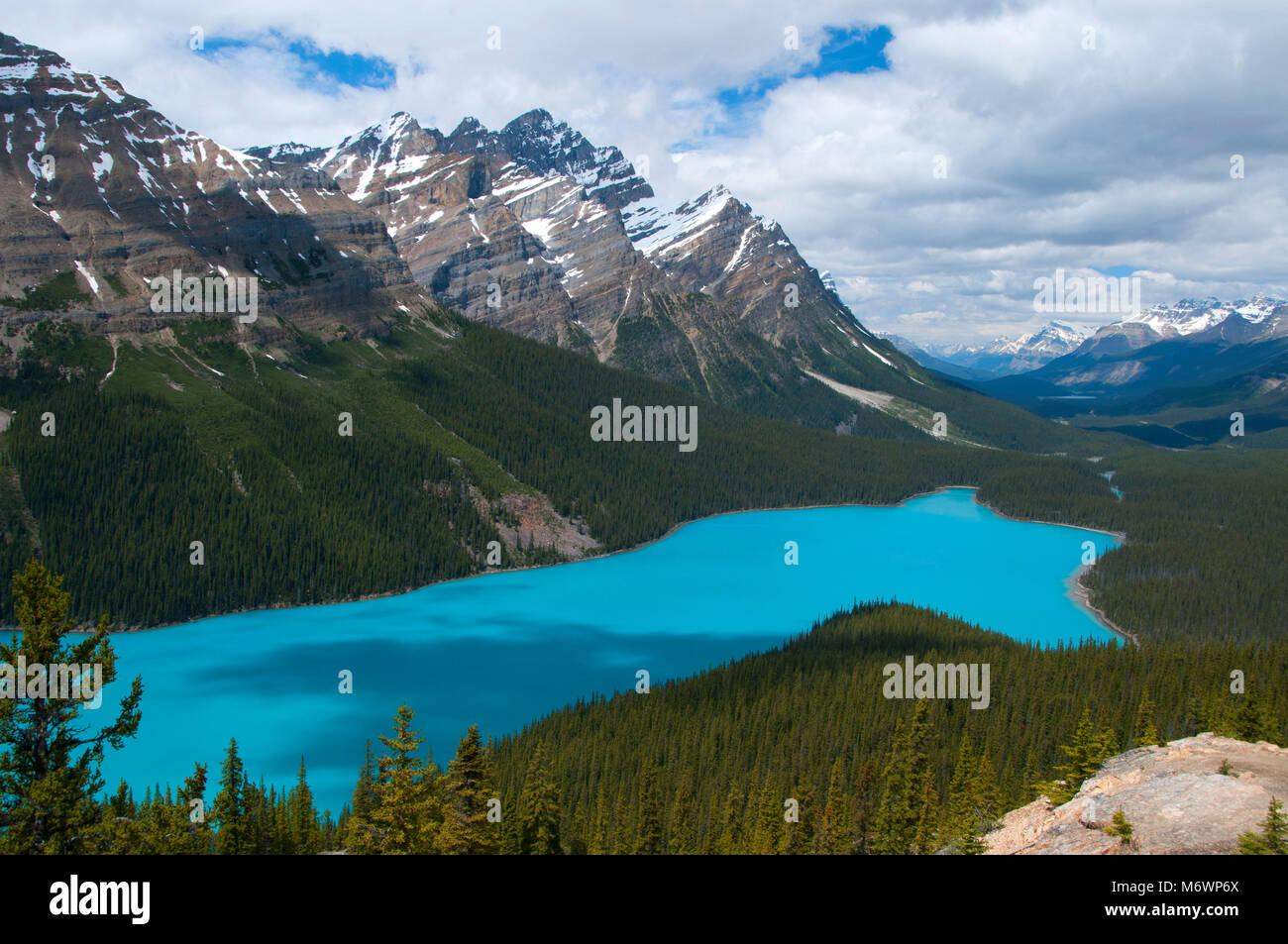 Il Lago Peyto con Calderone Peak & Mt Patterson, il Parco Nazionale di Banff, Alberta, Canada Foto Stock