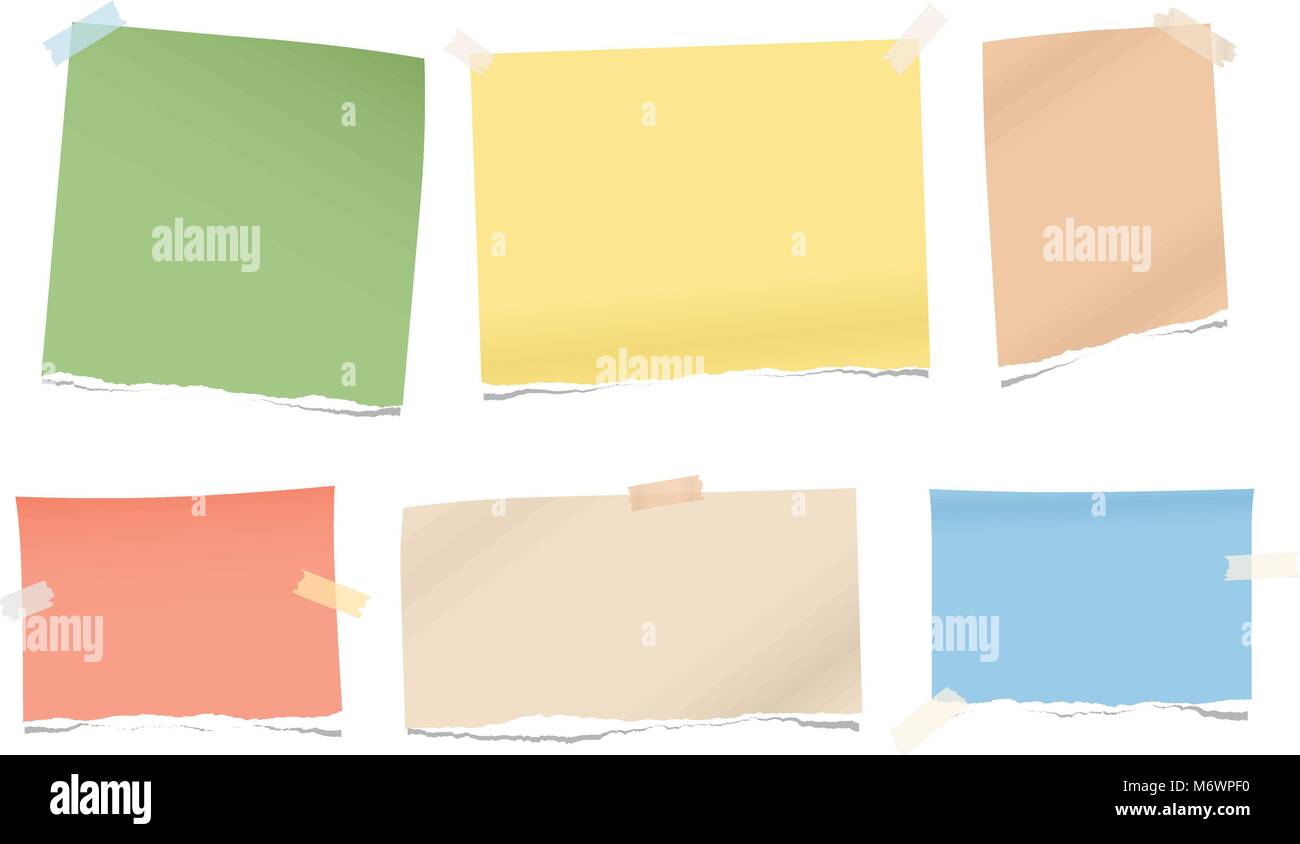 Pezzi di colorata strappata nota vuota, quaderno per il testo incollato con nastro adesivo su sfondo bianco. Illustrazione Vettoriale