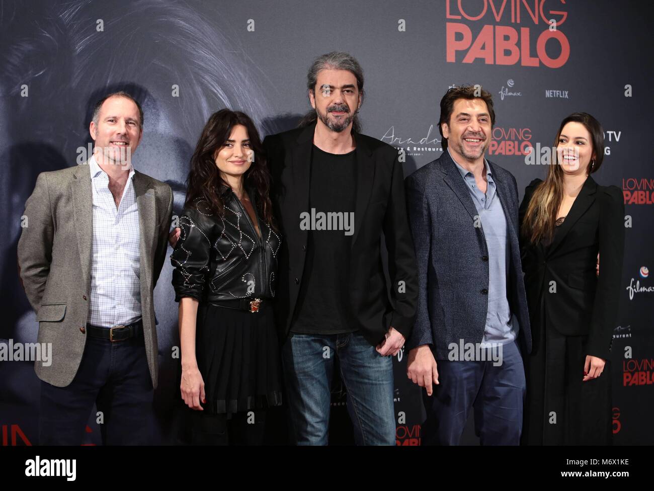 PRESENTACION MADRID PELICULA AMOREVOLE PABLO JAVIER BARDEM;JAVIER BARDEM.;Penelope Cruz;FERNANDO LEON DE ARANOA;julieth restrepo; 06/03/2018 Produttore Miguel Menendez de Zubillaga, direttore Fernando Leon de Aranoa con gli attori Javier Bardem , Penelope Cruz e Julieth Restrepo a photocall di " amare Pablo " film in Madrid martedì 6 marzo, 2018 CordonPress/EP888 Foto Stock