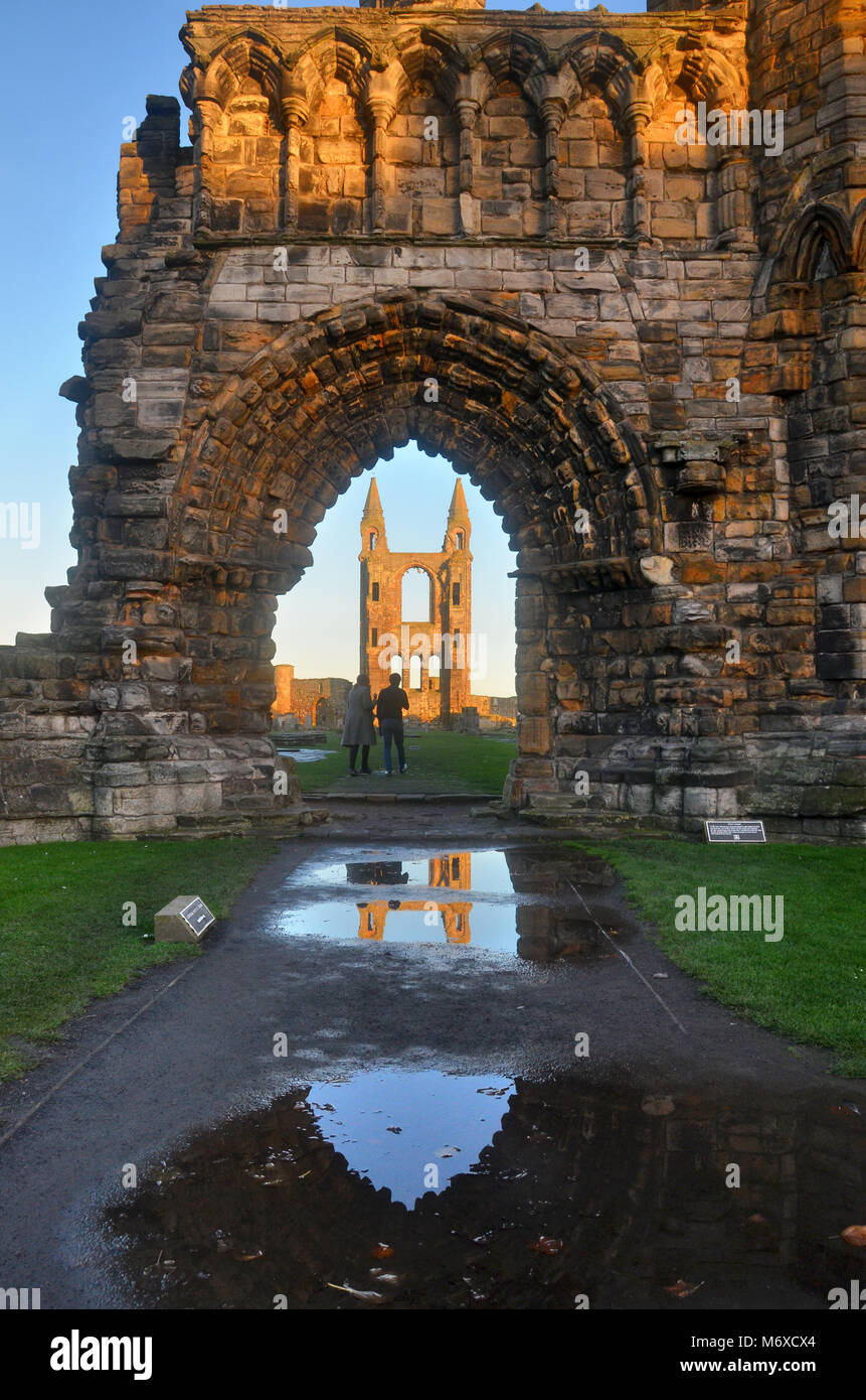 La torre est della cattedrale / Abbazia di St Andrews in Fife come visto attraverso gli archi della rovina. Foto Stock