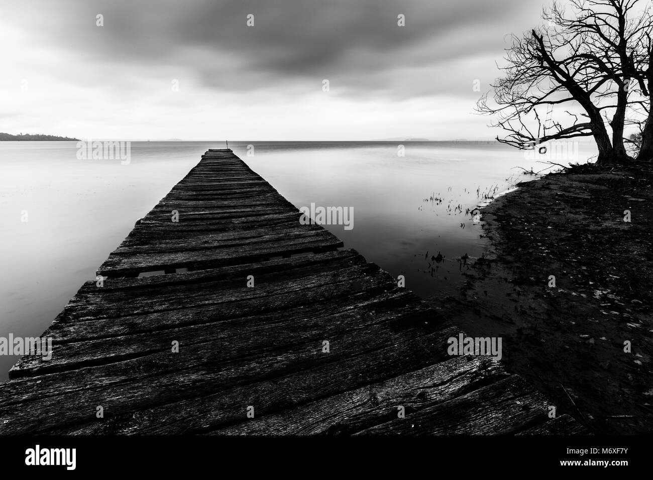 Esposizione lunga prospettiva in prima persona di un molo sul lago, con una struttura ad albero Foto Stock