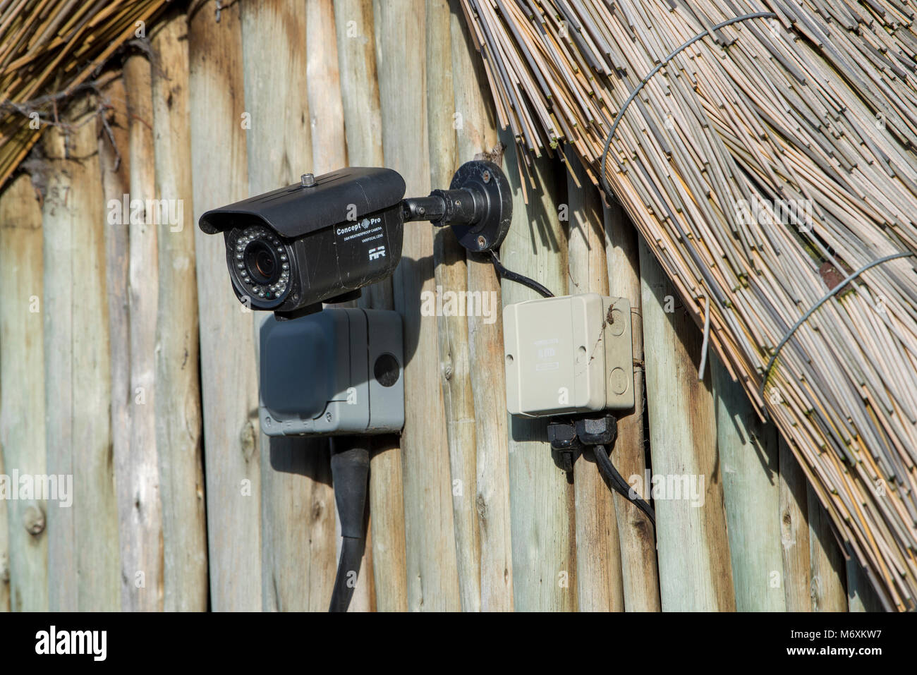 Videocamera di sicurezza su un edificio in legno, Chester Zoo di Chester, Cheshire. Foto Stock