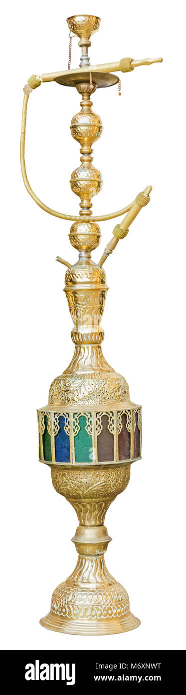 Golden antique hookah o narghile isolati su sfondo bianco. Foto Stock